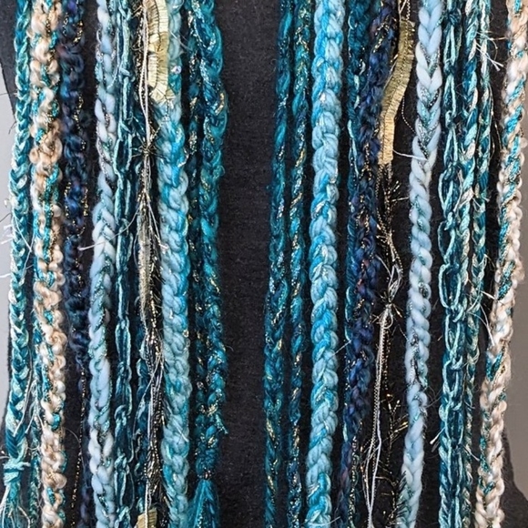 Teal Gold Aqua Ivory Handmade Fringe Scarf!! New Made By Lola - Picture 8 of 10